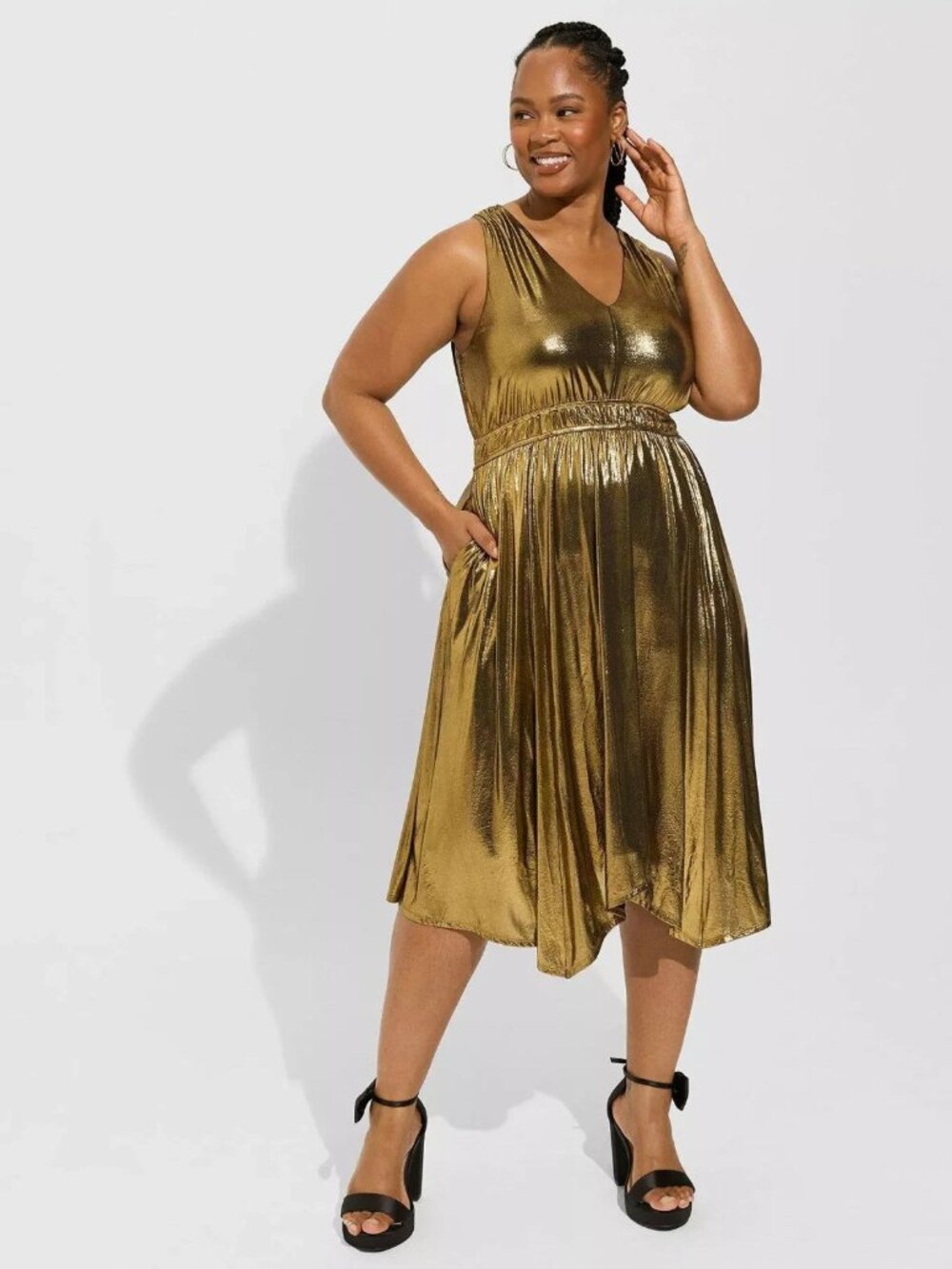 Torrid Tea Length Liquid Knit Double V-Neck Sharkbite Dress Gold Plus 4 26 NWT
